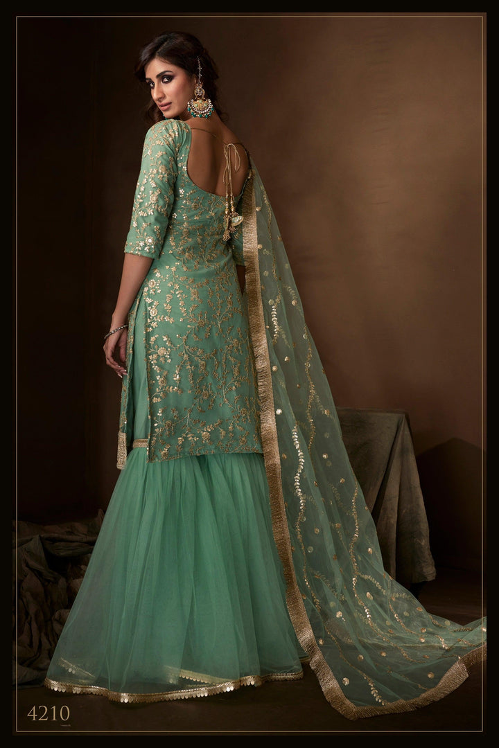 Evening Party Wear Green Net Reception Special Sharara Suit - Fashion Nation
