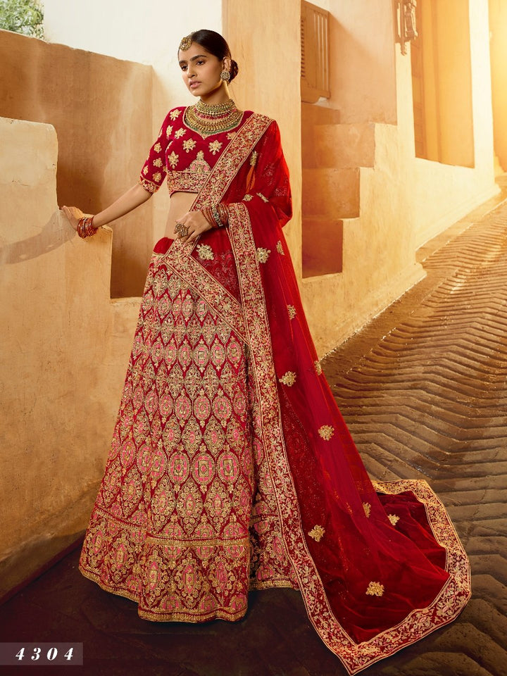 Wedding Wear Red Velvet Celebrations Special Lehenga Choli - Fashion Nation