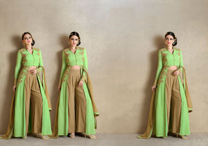 Fashionable MJ43516 Partywear Green Beige Georgette Silk Anarkali - Fashion Nation