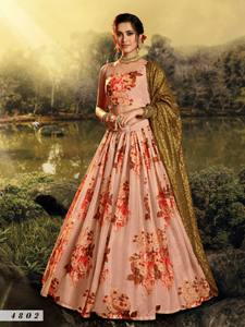 Mehndi Special Peach Multicoloured Organza Floral Designer Lehenga by Fashion Nation