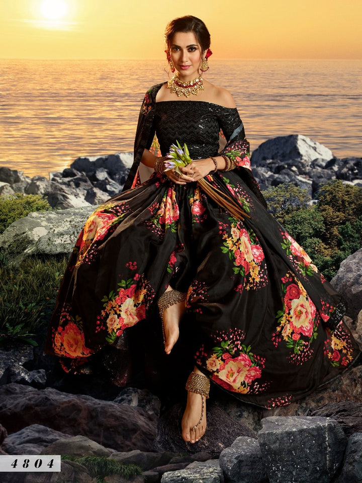 Evening Wear Black Multicoloured Organza Floral Party Lehenga - Fashion Nation