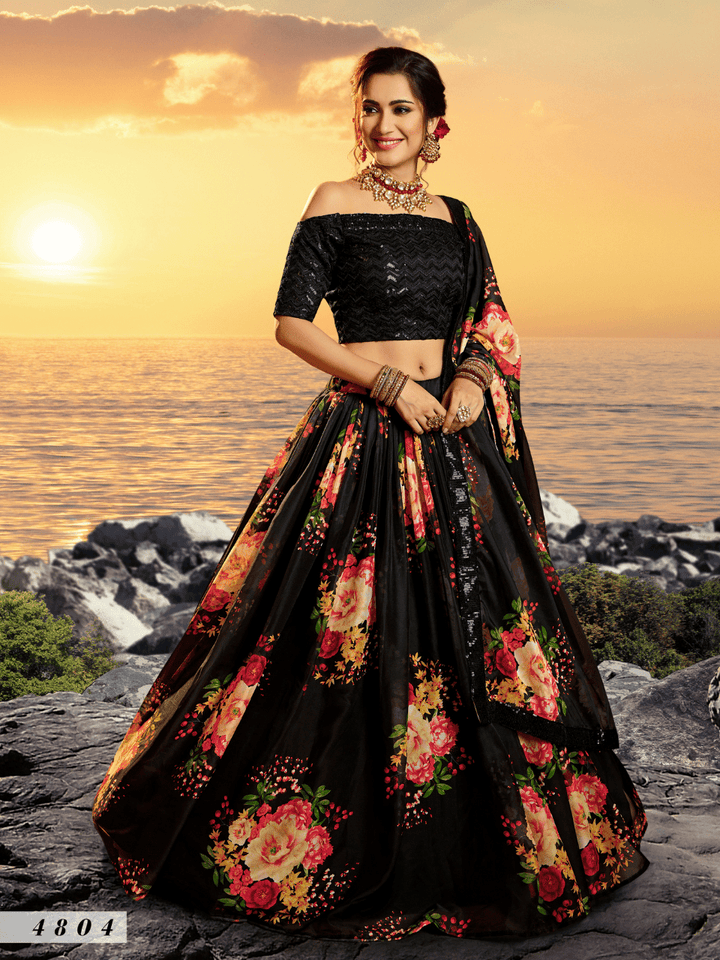 Evening Wear Black Multicoloured Organza Floral Party Lehenga - Fashion Nation