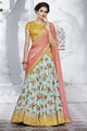 Beautiful NAK5089 Bridal Blue Peach Yellow Silk Satin Chiffon Lehenga Choli - Fashion Nation