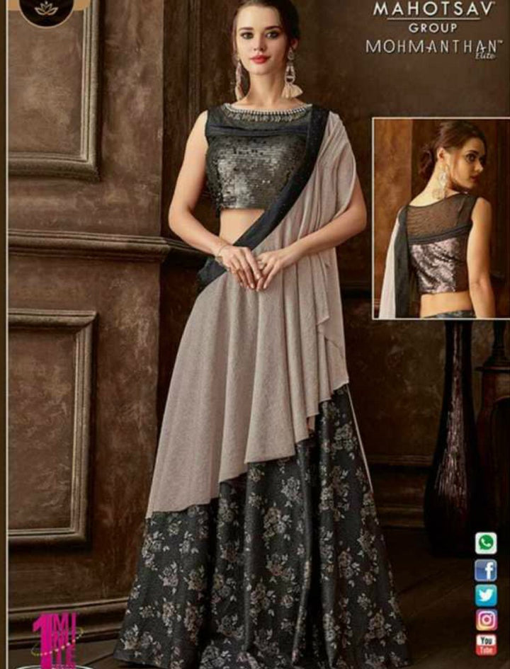 Indo Western MOH5107 Party Wear Grey Silk Lycra Saree Gown - Fashion Nation