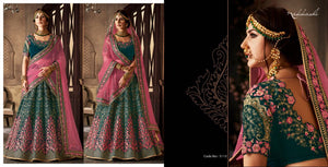 Awesome NAK5113 Bridal Dark Rama Green Pink Net Velvet Lehenga Choli - Fashion Nation