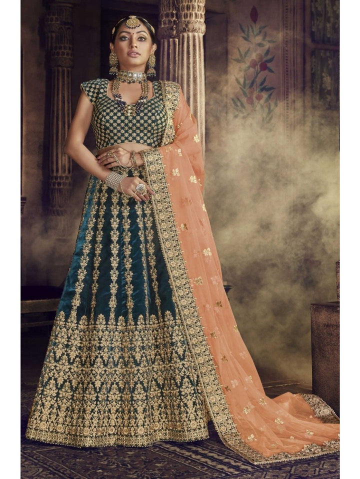 Embroidered Nakkashi NAK5147 Bridal Morpeach Velvet Orange Net Lehenga Choli - Fashion Nation