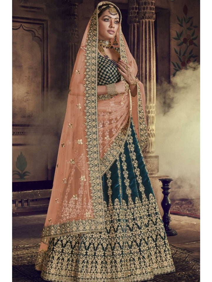 Embroidered Nakkashi NAK5147 Bridal Morpeach Velvet Orange Net Lehenga Choli - Fashion Nation