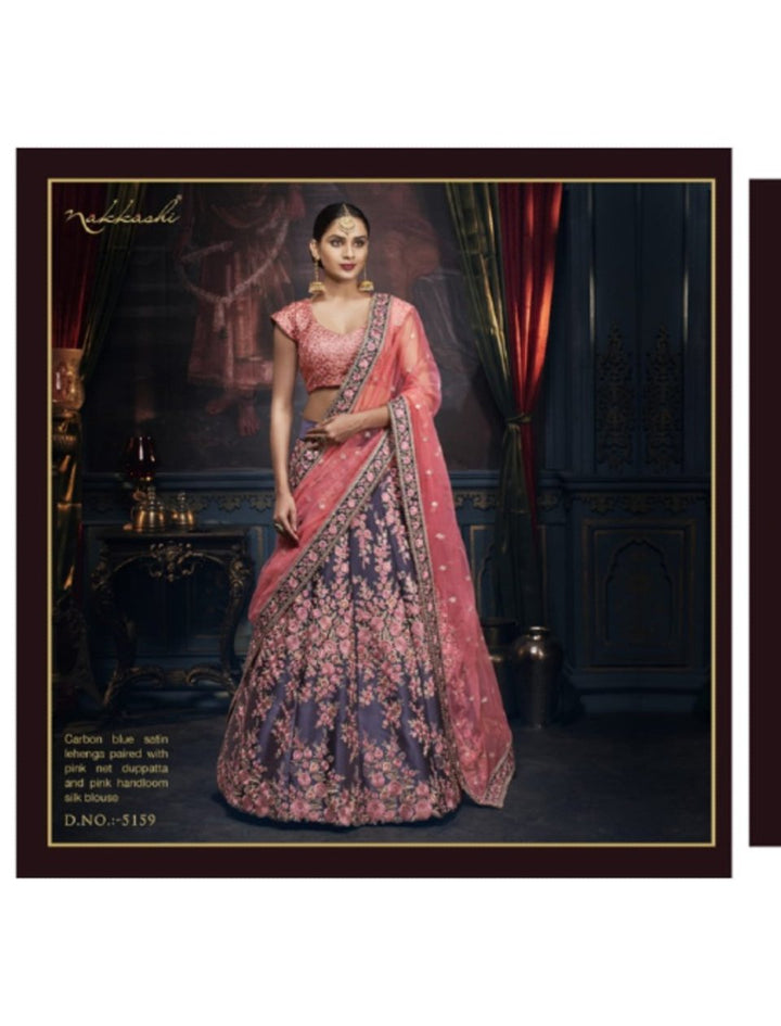 Designer Nakkashi NAK5159 Bridal Pink Net Carbon Blue Satin Silk Lehenga Choli - Fashion Nation