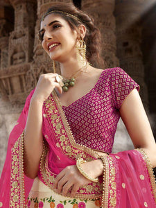 Handcrafted Nakkashi NAK5165 Bridal Beige Multicoloured Handloom Silk Lehenga Choli - Fashion Nation