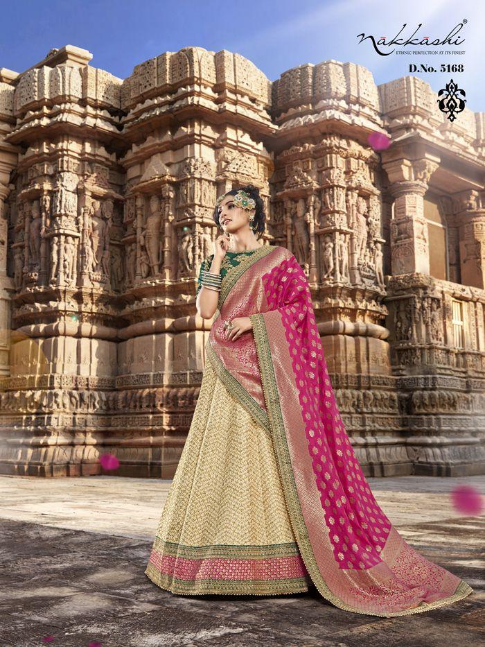 Indian Wear Nakkashi NAK5168 Bridal Beige Multicoloured Handloom Silk Lehenga Choli - Fashion Nation
