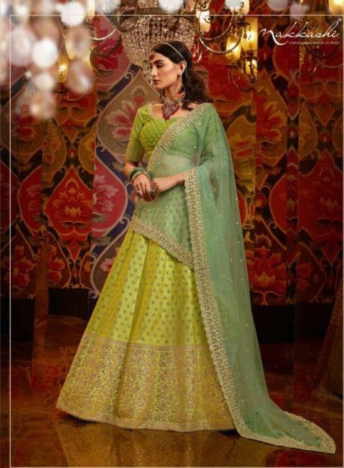 Special Occasion Wear Nakkashi Liril Green Satin Silk Lehenga Choli - Fashion Nation