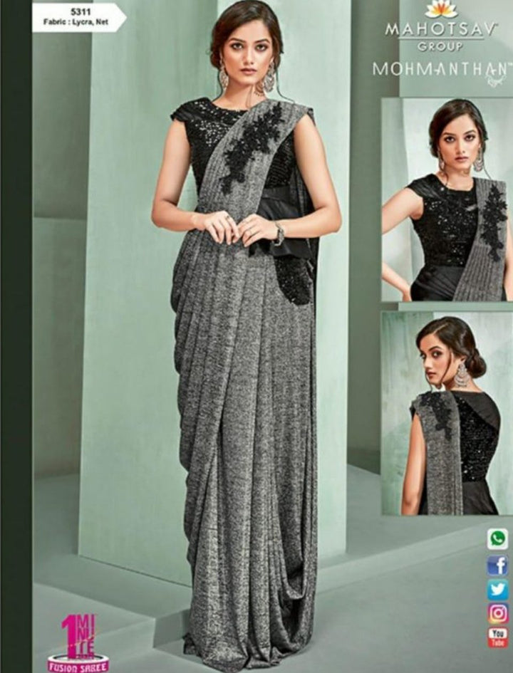 Superb MOH5311 Cocktail Wear Grey Black Lycra Net Silk Indo Western Saree - Fashion Nation