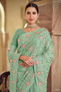 Mehendi Party Wear Bluish Green Designer Saree for Online Sales by Fashion Nation