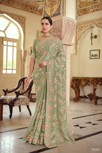 Mehendi Party Wear Greyish Green Designer Saree by Fashion Nation