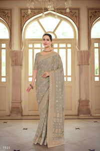 Wedding Party Wear Designer Greyish Green Saree by Fashion Nation