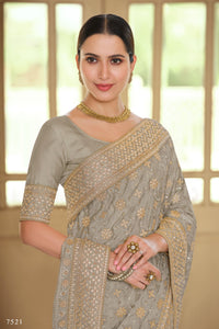 Wedding Party Wear Designer Greyish Green Saree by Fashion Nation