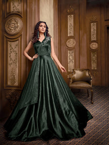 Superb Indo Western TH89667 Cocktail Wear Green Lycra Silk Layered Gown - Fashion Nation