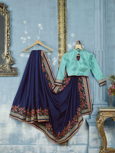 Premium ADA507 Designer Navy Blue Turquoise Silk Satin Saree - Fashion Nation