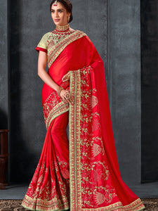 Afternoon Party Wear Red Silk Saree with Blouse - Fashion Nation