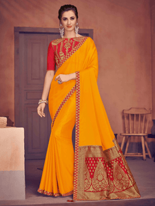 Top Quality Mustard Yellow Silk Jacquard Saree with Blouse by Fashion Nation