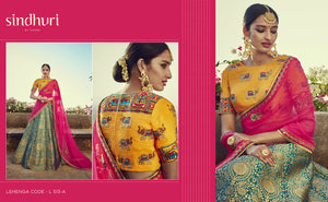 Embroidered Kimora Bridal L513A Blue Pink Yellow Banarasi Silk Jacquard Lehenga Choli - Fashion Nation