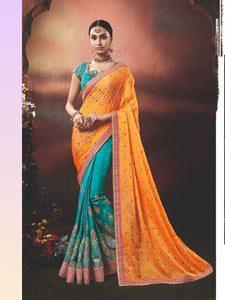 Nice Nakkashi NAK4177 Designer Blue Handloom Silk Orange Silk Georgette Saree - Fashion Nation