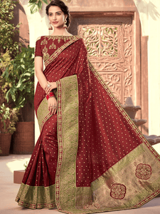 Reception Wear Maroon Golden Silk Jacquard Saree with Blouse by Fashion Nation