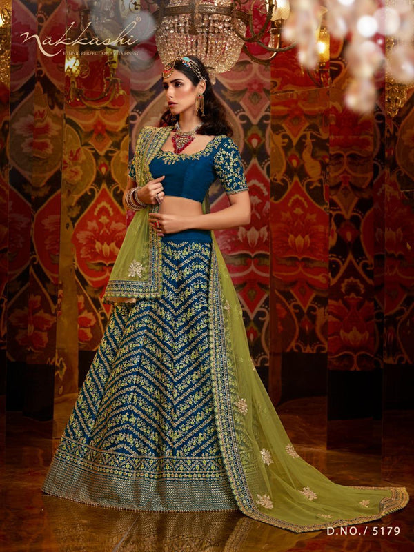 All Occasion Nakkashi Peacock Blue Raw Silk Lehenga Choli - Fashion Nation