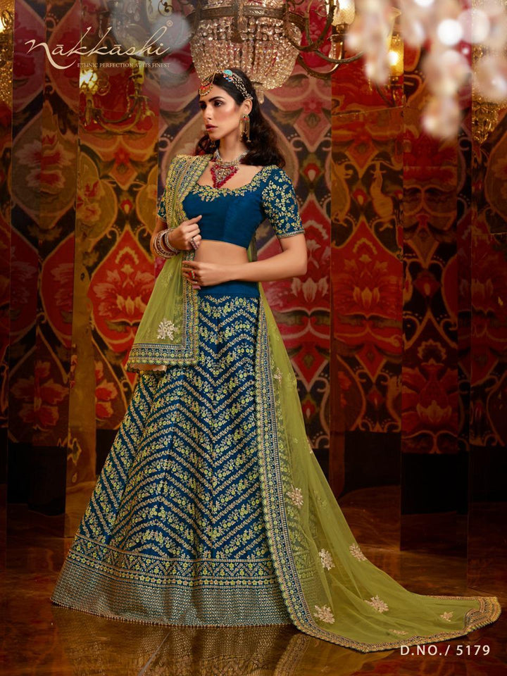 All Occasion Nakkashi Peacock Blue Raw Silk Lehenga Choli - Fashion Nation