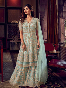 Cocktail Party Blue Fashionable Double Layered Sharara Suit - Fashion Nation