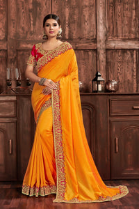 Haldi Party Yellow Silk Designer Saree with Red Blouse by Fashion Nation