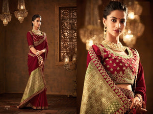Designer Superb IW10216 Burgundy Banarasi Raw Silk Saree - Fashion Nation