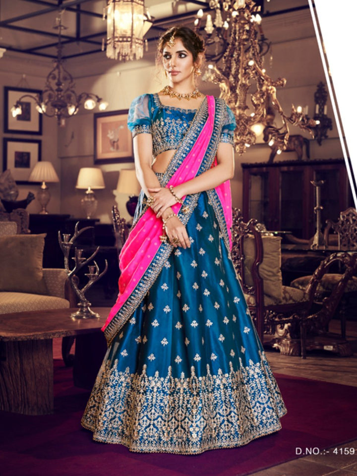 Bridal Blue Satin Silk Pink Georgette Lehenga Choli - Fashion Nation