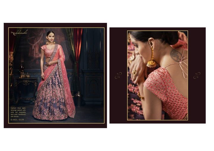 Designer Nakkashi NAK5159 Bridal Pink Net Carbon Blue Satin Silk Lehenga Choli - Fashion Nation