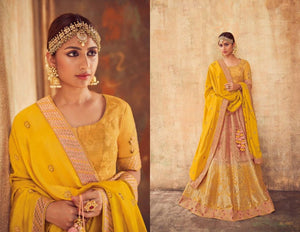 Delighful KIM5007 Kimora Beige Yellow Jacquard Silk Lehenga Choli - Fashion Nation