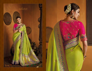 Kajal Aggarwal Outstanding KIM1102 Bridal Lime Green Pink Silk Saree - Fashion Nation