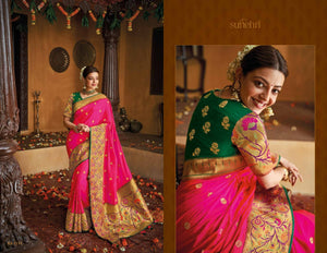 Unique Kajal Aggarwal KIM1111 Bridal Pink Green Silk Saree - Fashion Nation