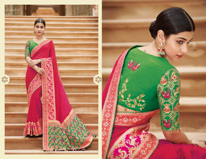 Unique KIM1015 Curated Pink Green Banarasi Silk Weaving Saree - Fashion Nation